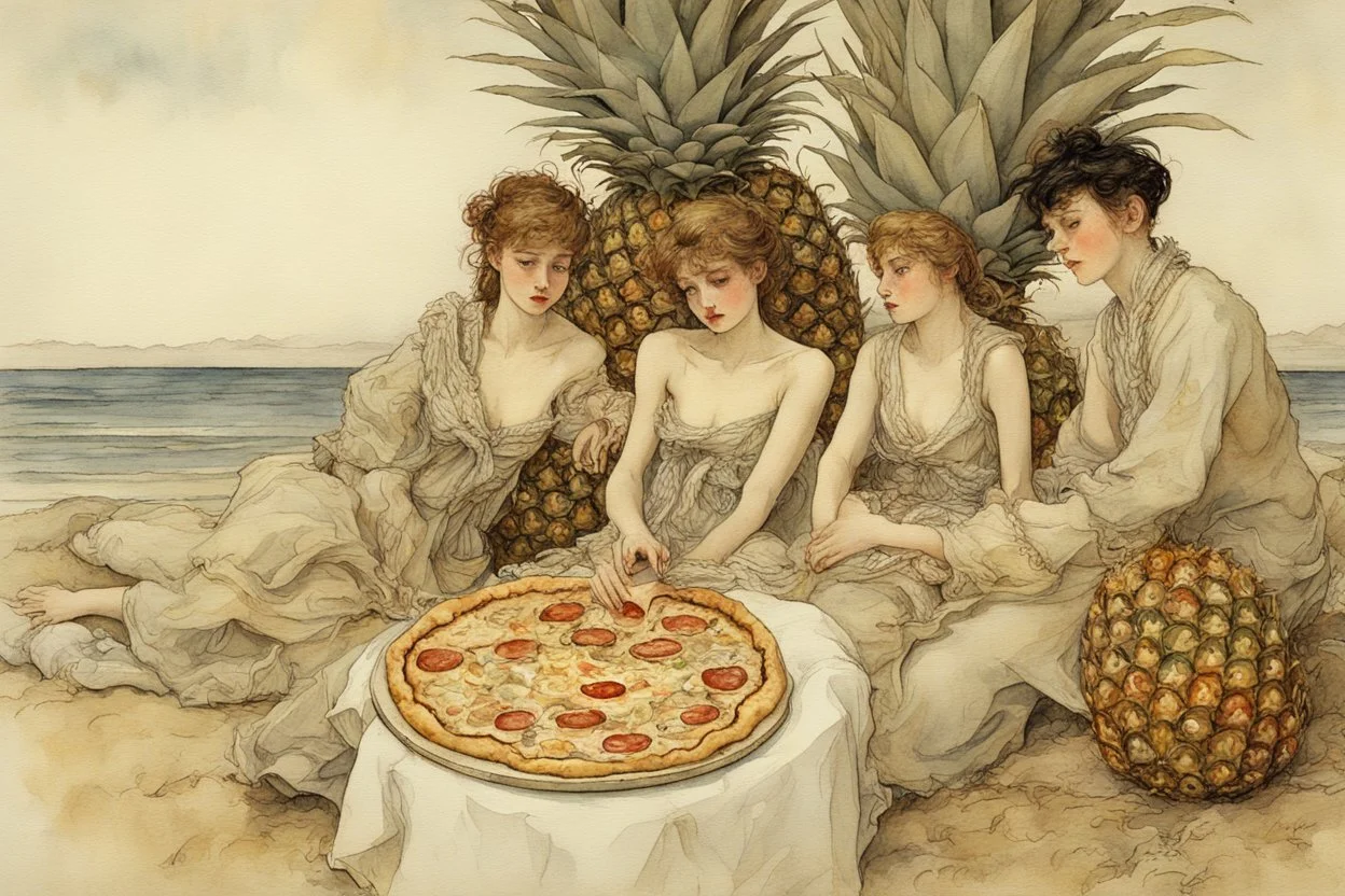 Italian men and women sitting around a pineapple pizza, watching in horror beautiful intricate, soft delicate watercolor, dramatic, perfect composition, by Arthur Rackham Modifiers: highly detailed intricate very attractive beautiful fantastic view watercolor Arthur Rackham Jean-Baptiste Monge Egon Schiele muted tones professional Enki Bilal patchwork watercolor and ink Xuan Loc Xuan