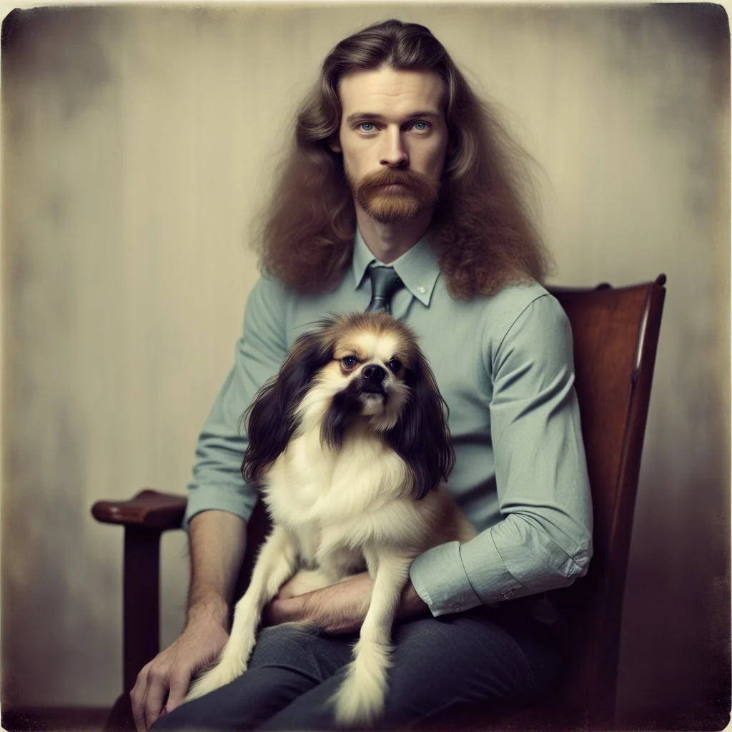 Awkward portrait Photo, 30 years old sitting on chair, serious look, long 1970 hair and mustasch, bland polaroid camera, holding a small dog, parrots