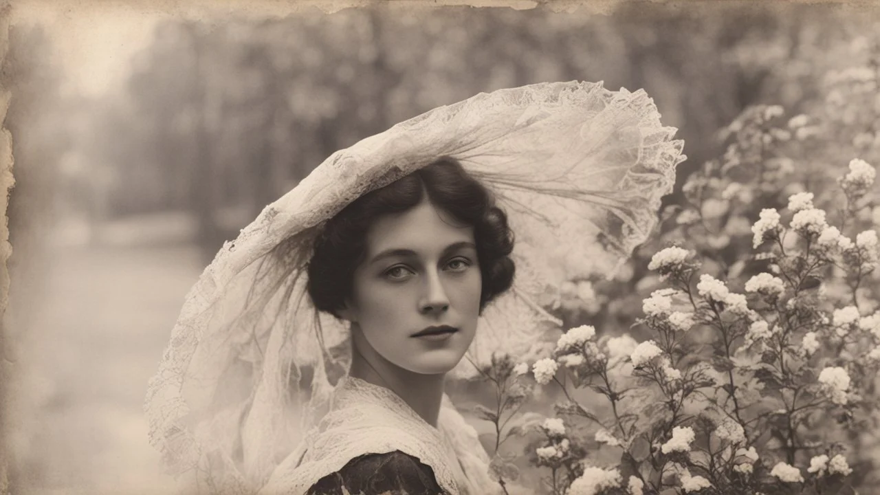 Vintage photograph of a woman in a hat with flowers, torn edges, cracks