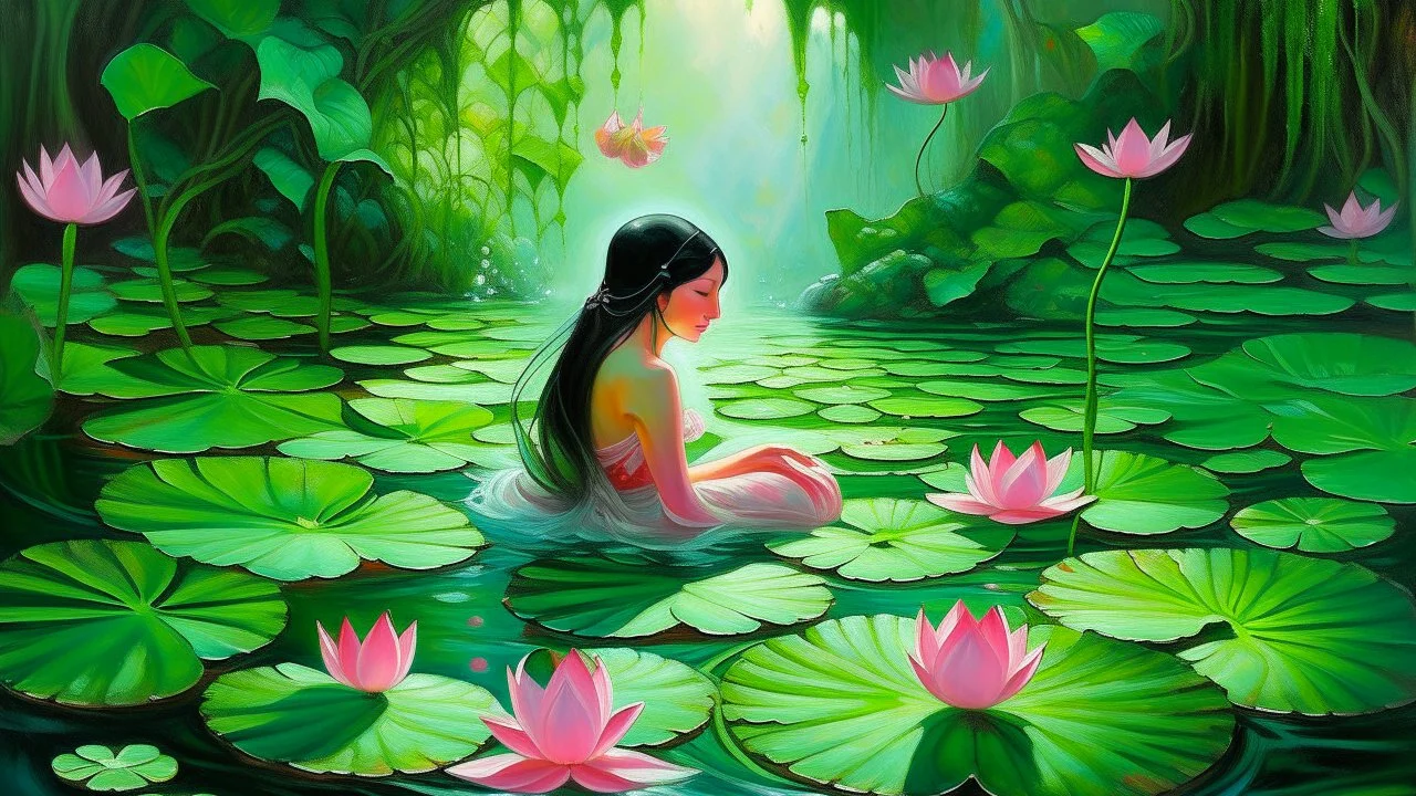 A woman emerges from a tranquil pond, her face partially concealed by a large, dew-kissed lotus leaf. She is surrounded by a lush expanse of vibrant green lily pads and delicate pink lotus blossoms. The water is a deep, mysterious emerald, reflecting the dappled sunlight that filters through the dense foliage. A solitary butterfly flits near her, adding a touch of delicate movement to the scene. The overall atmosphere is one of serene mystery and natural beauty, rendered in a rich, painterly sty