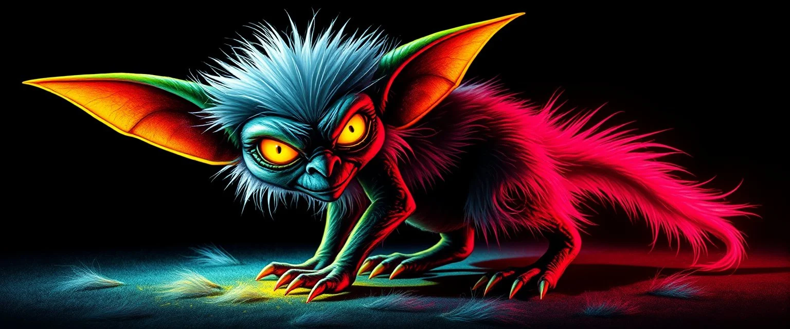 pen outline with some neon airbrush, glowing quickling gremlin in the shadows with long fluffy white fur
