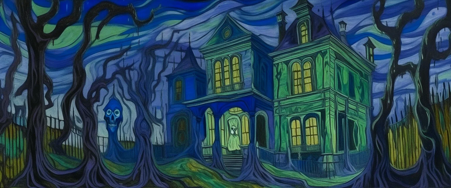 A violet haunted mansion filled with ghosts painted by Vincent van Gogh