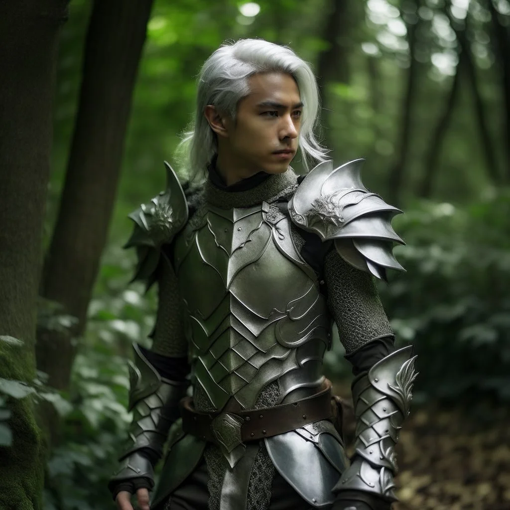 Please create an image for a young elven male with light brown skin, silver hair, and green eyes. He is standing outside in the forest during springtime, wearing leather armor. He is accompanied by a walking suit of armor