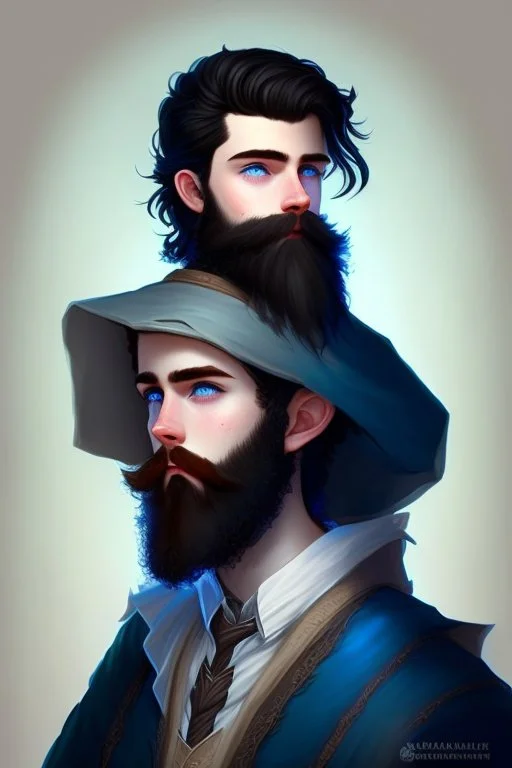 Black haired blue eyed freckled young male wizard in the style of aubrey beardsle