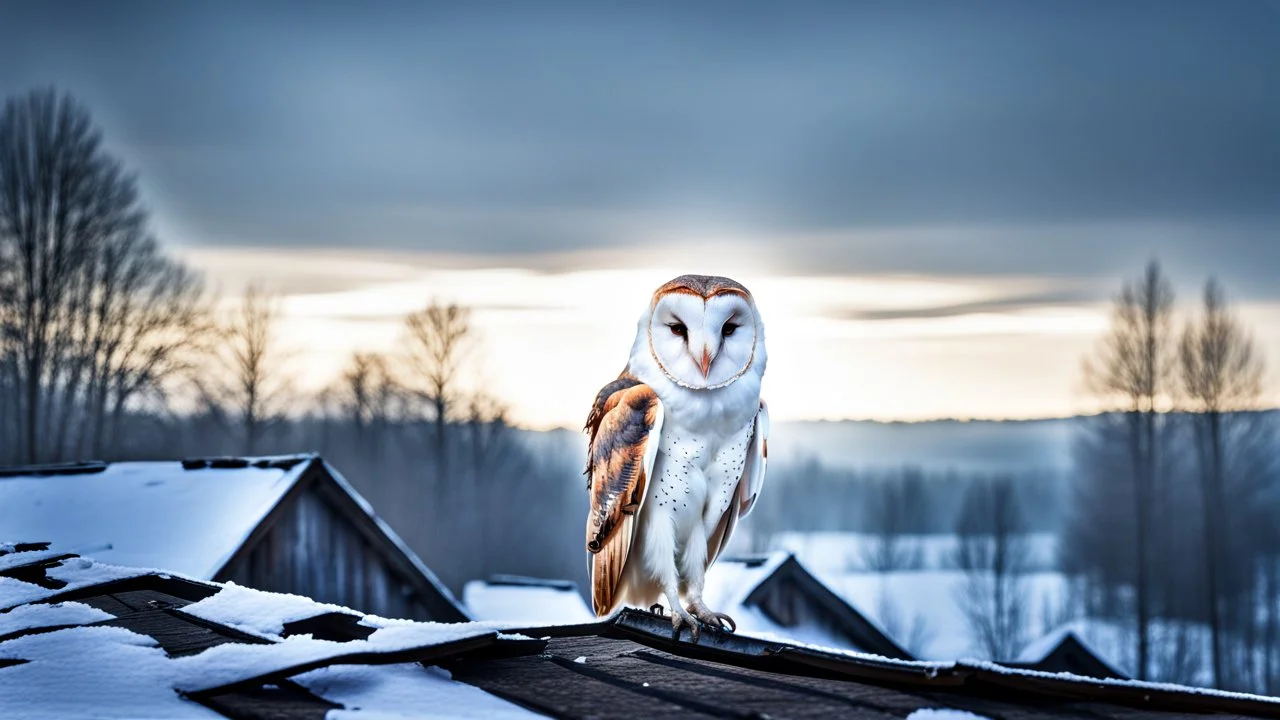 a barn owl sitting an old ruined rooftop and looking to te camera, over a winter landscacpe with european forest , little light, sunrise, one old ruined small hut from stands above, high detailed, sharp focuses, photorealistic, perspective, cinematic