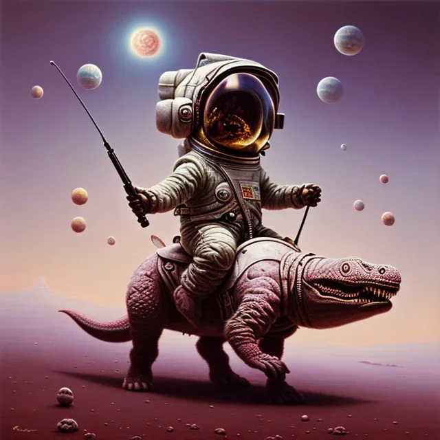 1yo little boy is on safari on the moon. riding a pink dinosaur. he has big and a funny hat. High detailed. Cinematic. oil on canvas painting. Warm lights. beksinski