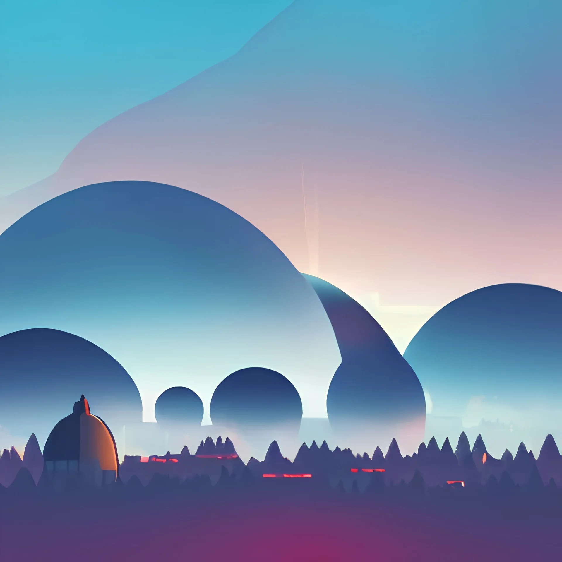 futuristic domes, multiple layers of silhouette landscape, with silhouette of futuristic domes, rocketships in the sky, sharp edges, at sunset, with heavy fog in air, vector style, horizon silhouette Landscape wallpaper by Alena Aenami, firewatch game style, vector style background