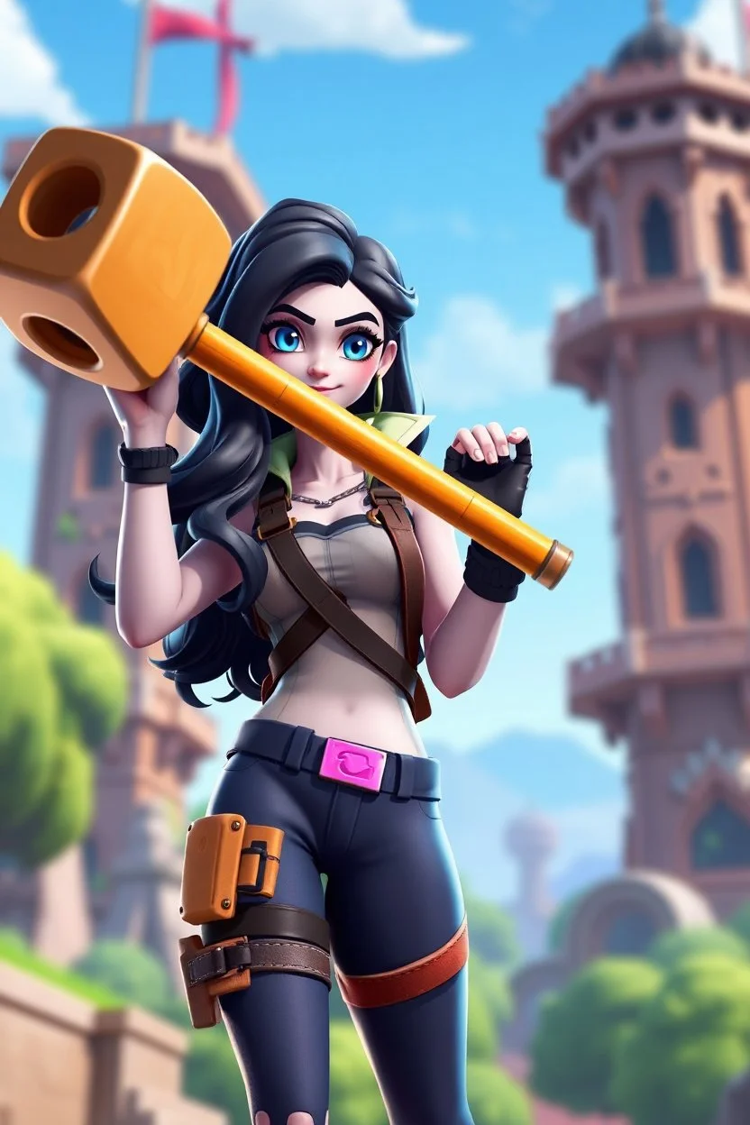 Beautiful; stunning; Blue eyes, wavy black hair, porcelain skin character in fortnite (fortnite video game), (vivid), ((fortnite cartoon character)), fortnite animation, fortnite skin, (holding basic hammer fortnite weapon), (tilted towers fortnite map), full body shot, bright and dynamic coloring, (fortnite epic games)