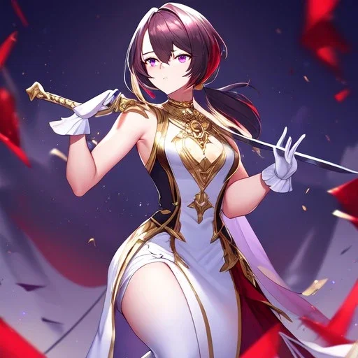 Clear focus, High resolution, Black red faded hair, low small ponytail, purple dead glowing eyes, white detailed split skirt, purple and white detailed sleeveless shirt up to neck, white gloves up to elbow, holding sword, gold necklace, white thigh high boots, zoomed out, (solo)