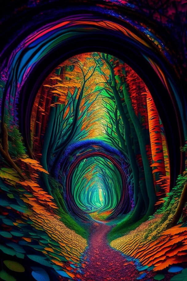 In the heart of an untouched 8K high-definition primeval forest, a mesmerizing kaleidoscope of colors unfolds within a timeless tunnel, creating a vivid gateway to another dimension. The rich hues of nature paint the scene, as if time itself is woven into the very fabric of the lush surroundings.