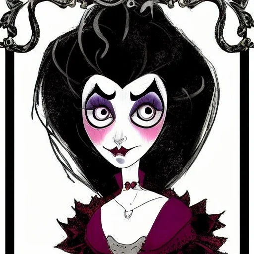 extrem tim burton style and disney style of an old and extrem malicious stepmother, sharp focus, sneaky eyes, old face