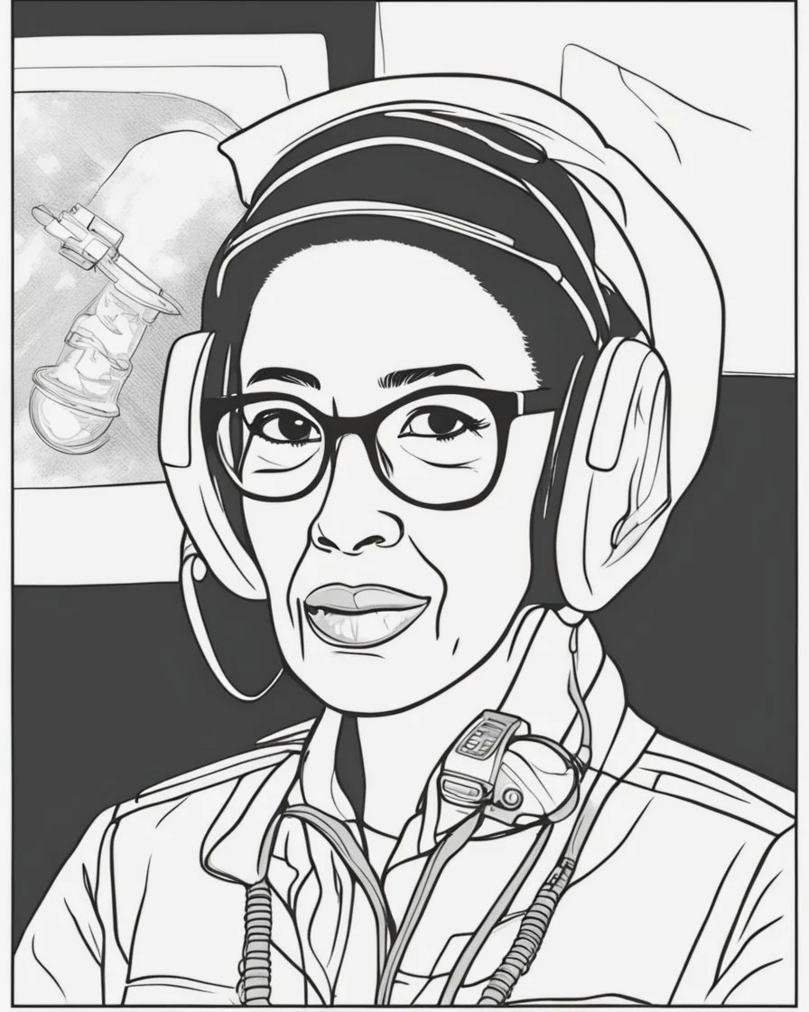 Outline art for coloring pages with Katherine Johnson, white background, sketch style, only use black outline, white background, no shadows and well and clear outline