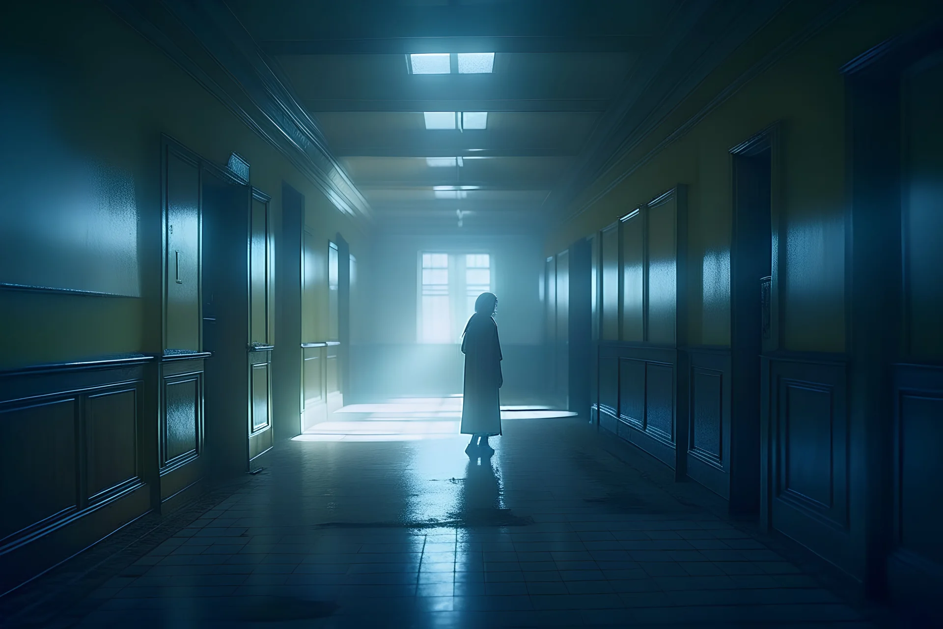 A ghostly figure appears in the dimly lit hallway of an abandoned hospital, by Christopher Gans, Roger Avary, cinematic lighting, cinematography by Dan lausten, insanely detailed, hazy, zbrush, octane render, 4k