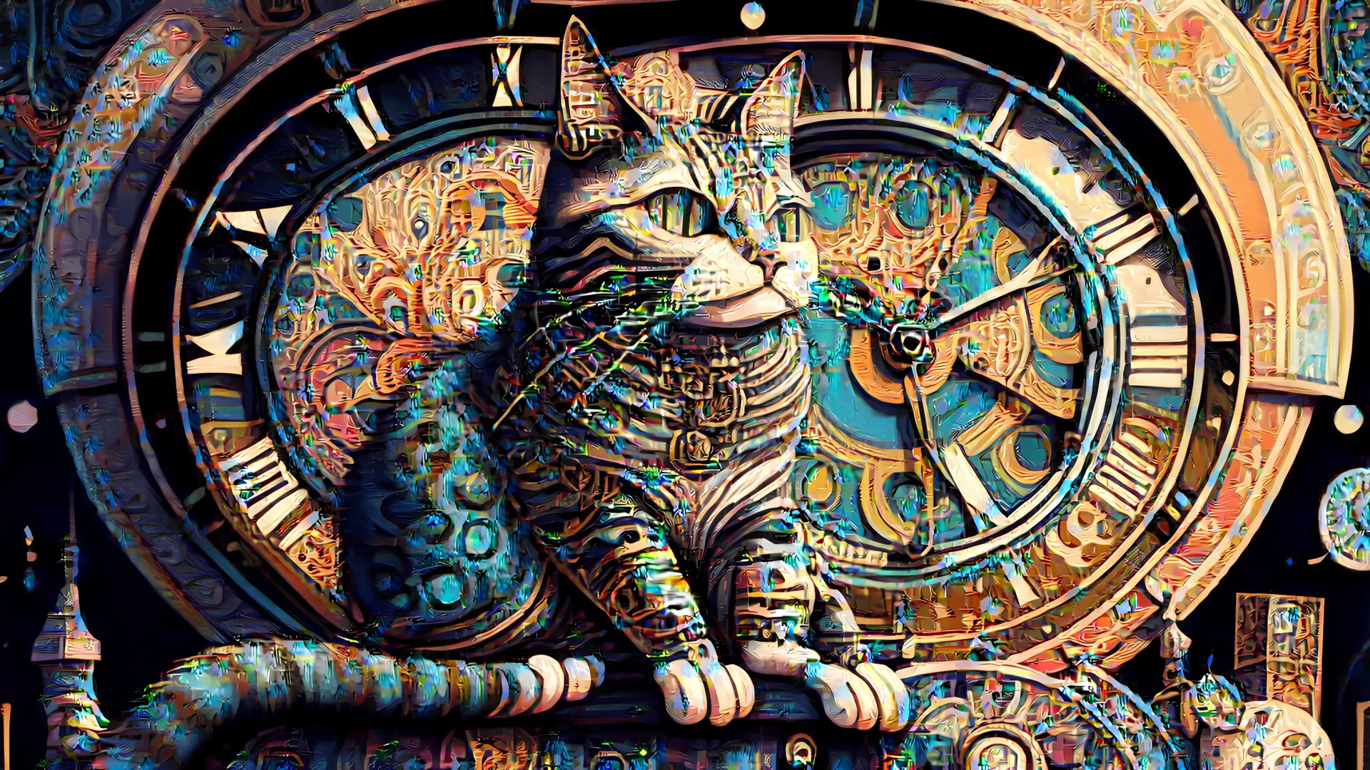 A Cat That Is Sitting On Top Of A Clock, Android Jones And Chris Dyer, Behance. Polished, Inspired By Eduardo Paolozzi, Hypereuphoria, Remix By Ballaberg