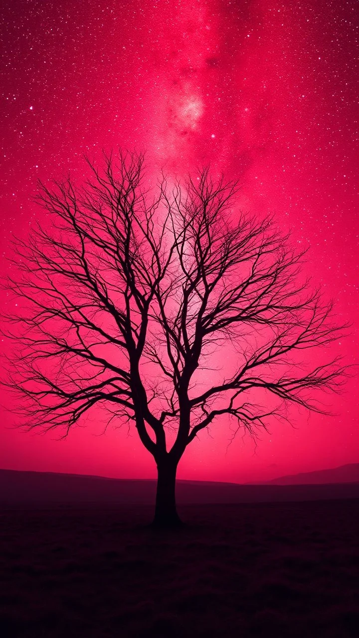 A rear view , of red tree with no leaves in a distance ,in romantic themes in the background is a vivid red sky stars and milky way galaxy and the blighting creates a dramatic and otherworldly atmosphere