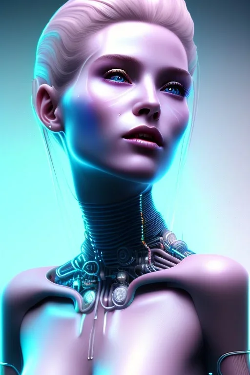 cyberpunk, head, women, portrai, tron sketch of a girl on lined paperA beautiful one nude body of a make up smiling woman blond long hair, alone, high key lighting, volumetric light high details with white stripes and blue eye, smiling with plump pink lips, flowers around, unreal engine petit prince belle fine, profil de trois quart, grand front cosmique, peau bleu cristalline, yeux bleu, perle sur le front long cheveux blond et rose etoilé, cristaux sur le corps, collier de grande princesse, l