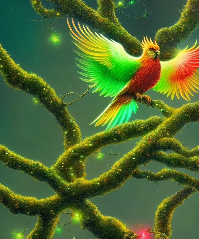 a detailed illustration of a black and green red yellow phoenix sitting on a branch of a tree, phoenix bird wallpaper, luminescent body, glinting wings, full body, symmetrical body, realistic, glowing wings, sharp focus, meticulously detailed, soft evening sky, 64k