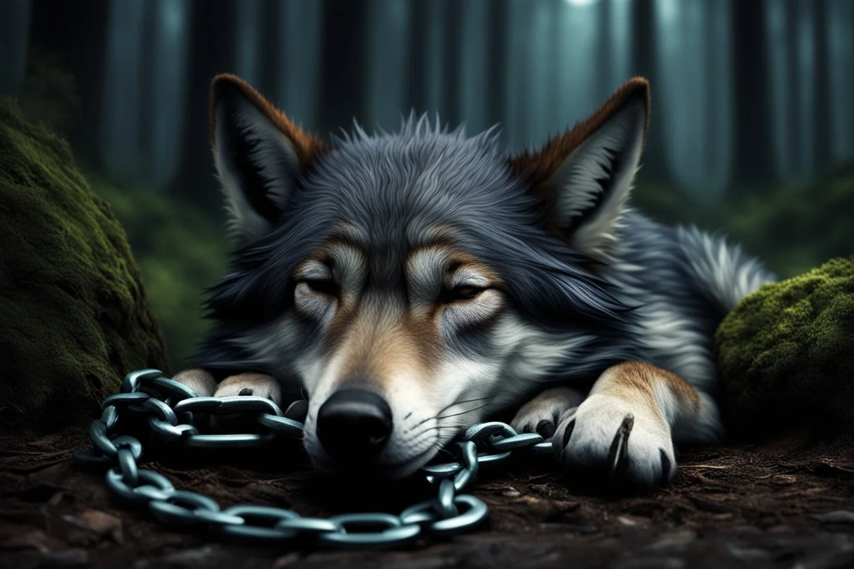 sad small scruffy wolf sleeping with a chain around its neck, photorealistic, dark fantasy, forest