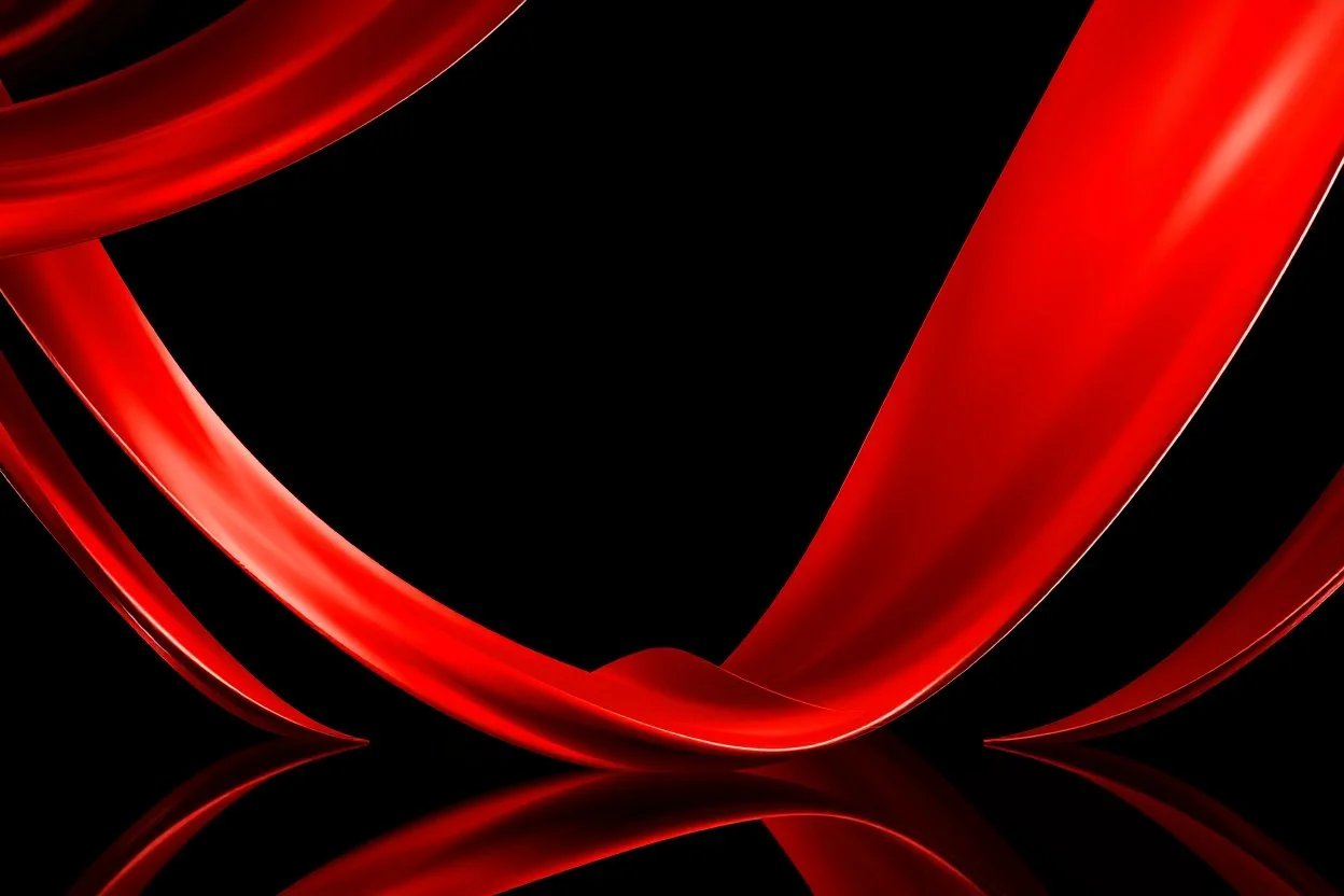 A striking abstract composition featuring flowing, high-shine red ribbons set against a deep black void. Diagonal architectural curves meet soft, out-of-focus golden light orbs. Bright reflective surfaces create a high-contrast look with a luxurious, high-tech feel. Cinematic color grading, sharp focus on textures.