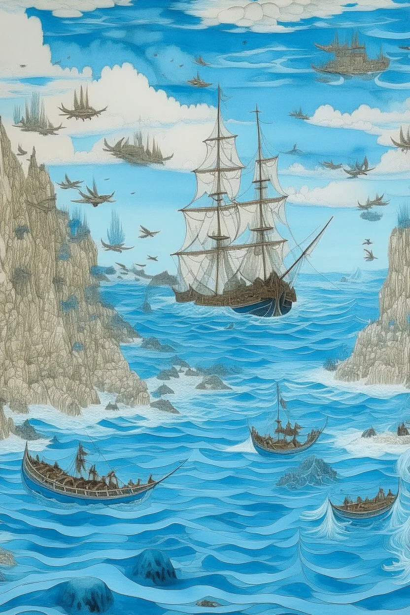 A pale blue underwater cove with pirate ships designed in Australian aboriginal art painted by Katsushika Hokusai