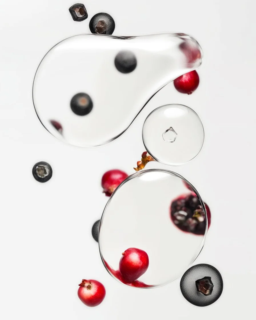 pomegranate seeds under water, prism and refraction, on a white background