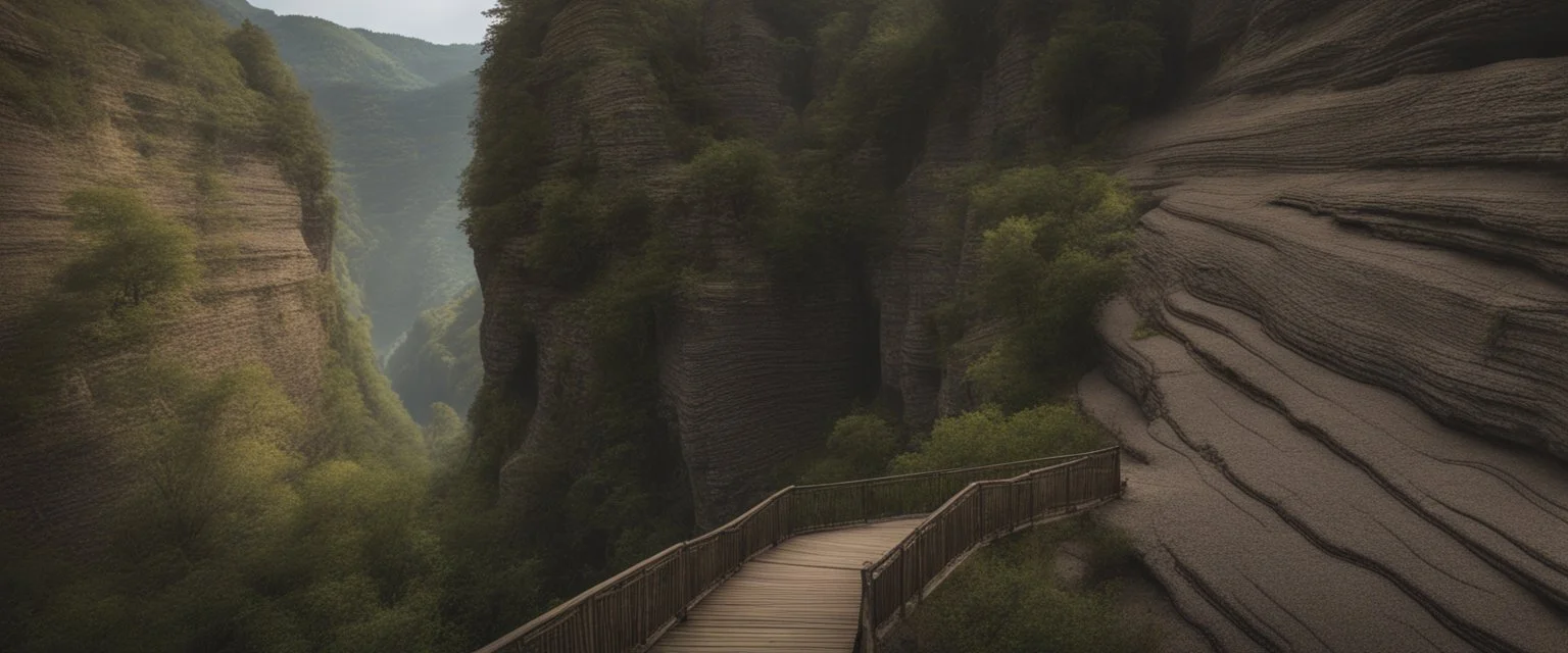 sentier dans la falaise d'un canyon karstique étroit surplombant une rivière dangereuse