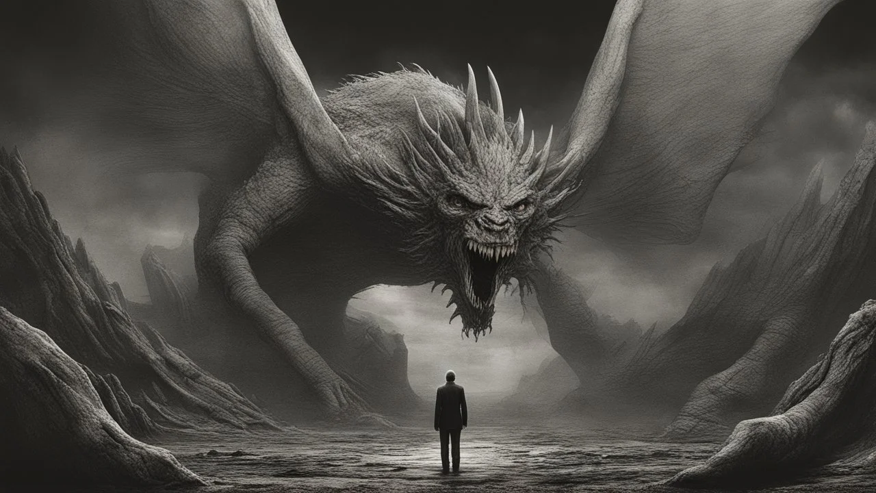The described image presents an extremely horrifying scene with grayscale colors dominating the picture, creating a dark and eerie atmosphere. In this context, there is a massive, monstrous creature positioned prominently in the foreground of the image. This monster appears to be mythical and intensely frightening, characterized by its terrifying features and its colossal, imposing body that exudes immense power. When one looks at this monster, its face and eyes exhibit horrifying details, seem
