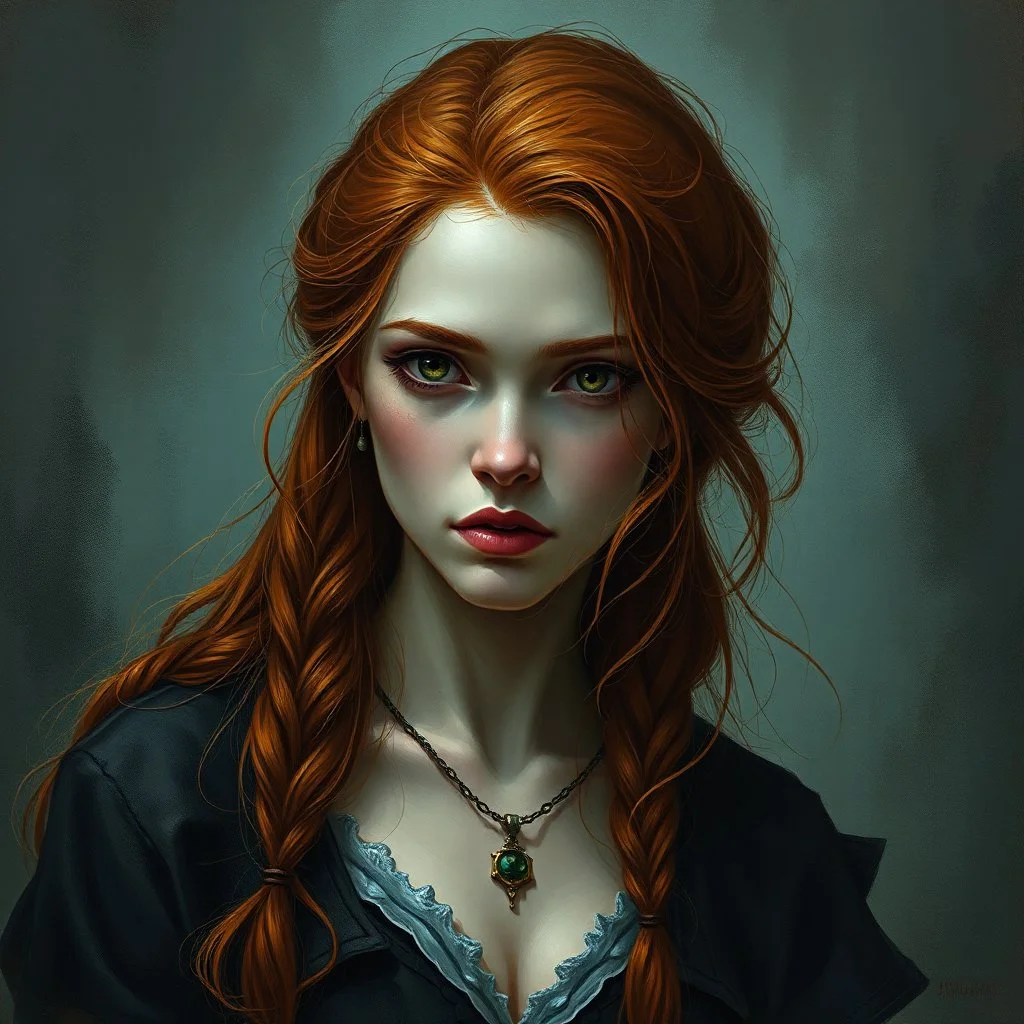 a beautiful fantasy woman, young, ginger hair, troubled, , dark fantasy art