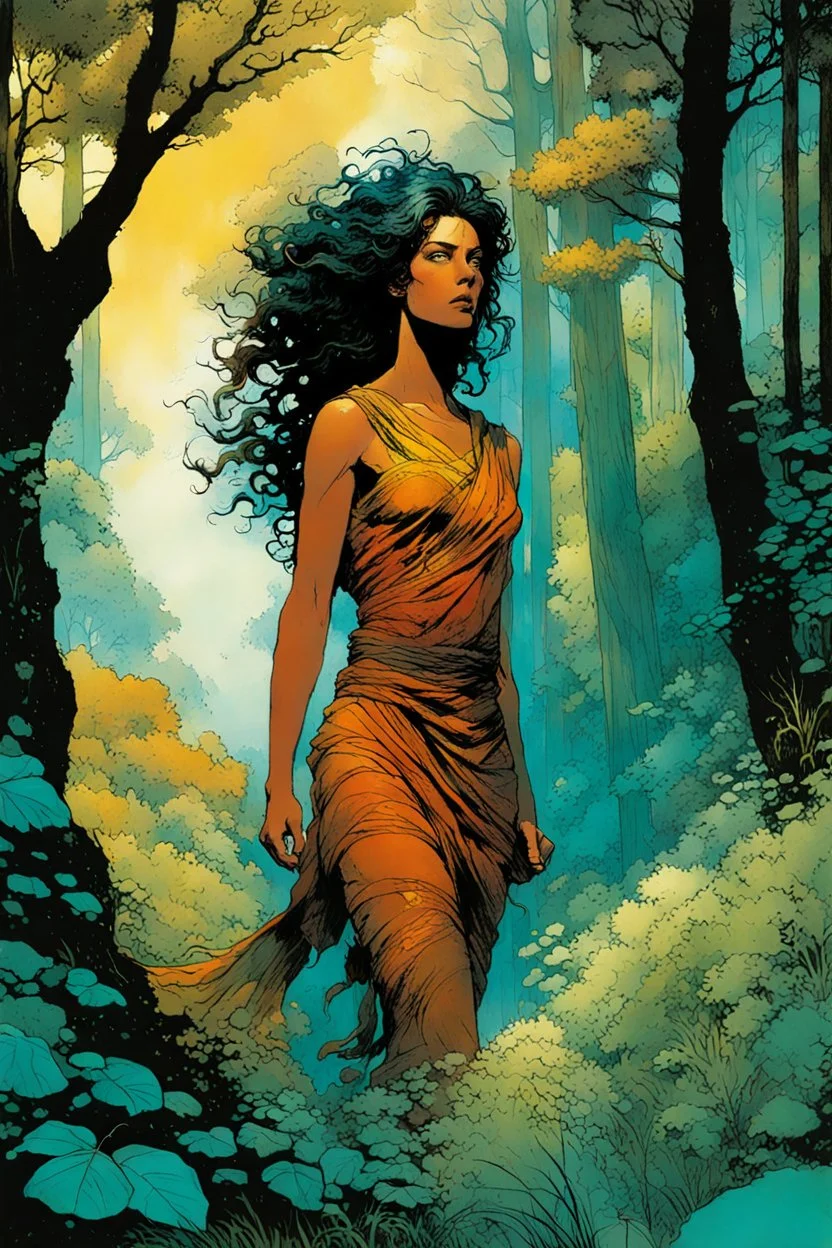 create a wildly conceptual closeup full body print illustration of a female Etruscan huntress with highly detailed hair and feminine facial features, in an ethereal, otherworldly ,ancient Spring forest , in the comic book art style of Bill Sienkiewicz, Mike Mignola, Sparth, Maxfield Parrish, and Jean Giraud Moebius, finely textured, drawn, colored, and inked, suffused with dramatic natural light