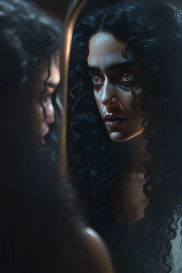 Close up of a beautiful woman with long curly black hair looking at a mirror but her reflection in the mirror is a dark demon with intense scary eyes. Super realistic, 8k high quality