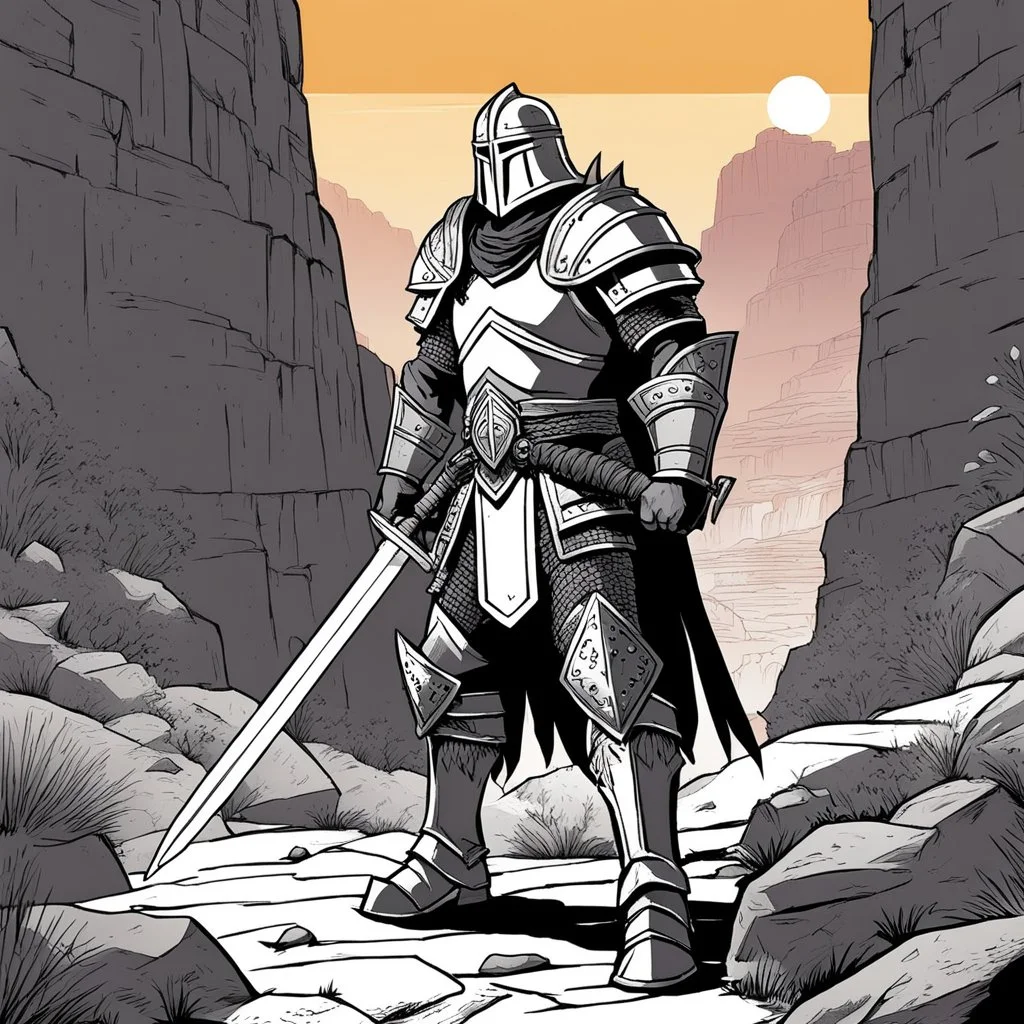 [comics Head Lopper style by Andrew MacLean] The hero, clad in plate armor, his two hands on the hilt of his zweihandsword, stands guard at the narrow passage in the canyon. Guard up, he knows he may die protecting the valley.The sun beats down mercilessly, casting harsh shadows across the rocky terrain. The hero's armor gleams in the sunlight, a beacon of strength and determination. His grip tightens on the hilt of his massive sword, ready to face whatever may come.