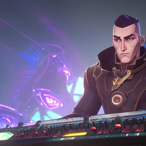 Generate a high resolution, photorealistic image of a character with the face of Reinhardt from Overwatch and Phraktal, DJing. The nightclub should have amazing visuals and lighting similar to a Tomorrowland or Afterlife event, and the crowd should consist of a variety of multi-cultural alien species. The image should have a level of complexity and detail similar to Gantz: 0.