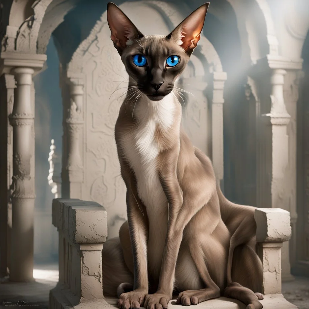 cinematic, dark fantasy masterpiece where a majestic Oriental Shorthair Siamese with chocolate-point markings and piercing, luminous blue eyes sits with absolute sovereignty upon a colossal, crumbling obsidian throne deep within a forgotten crypt. The aesthetic is a visceral fusion of Brom’s macabre elegance and Frank Frazetta’s raw, muscular composition, executed as a high-contrast mixed media collage that blends surreal photography with grit-laden concept art. The cat’s sleek, alien silhouette
