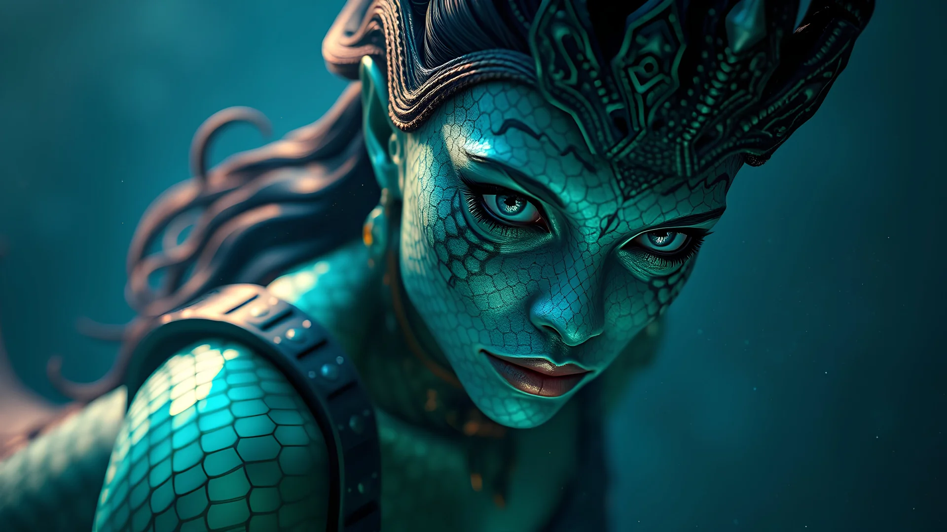 Photoreal gorgeous thrity year old green-blue triton ranger woman with green-blue scaled green-blue skin floating in the deep ocean realm by lee jeffries, otherworldly creature, in the style of fantasy movies, photorealistic, bokeh masterpiece smooth shading, ultra detailed, high resolution, cinematic, unreal 6, subtle shadows, octane render, 8k, cinema 4d, HDR, dust effect, vivid colors