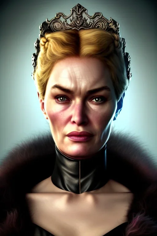 Cersei Lannister as evil queen in black leather and fur, busty, cleavage, curvy, lena headay, angry, stern look. character design by cory loftis, fenghua zhong, ryohei hase, ismail inceoglu and ruan jia. unreal engine 5, artistic lighting, highly detailed, photorealistic, fantasy