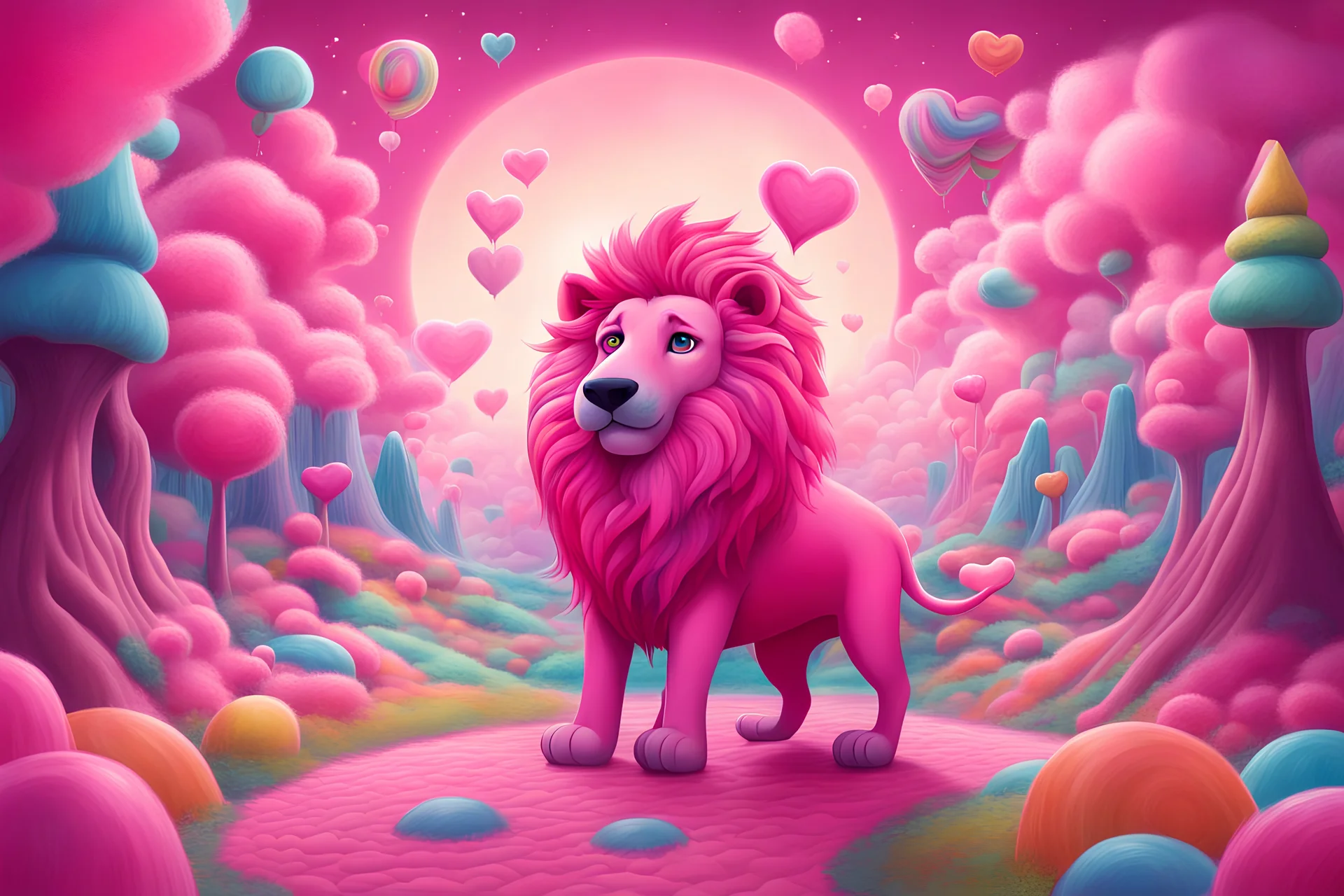 "A vibrant pink lion with a heart-shaped nose embarks on a whimsical adventure through a candy-colored world. From cotton candy clouds to jellybean paths, narrate the surreal experiences and magical moments as the pink dog explores this enchanting realm. What surprises and fantastical encounters await in this extraordinary pink-hued journey on LSD, DMT, and ayahuasca