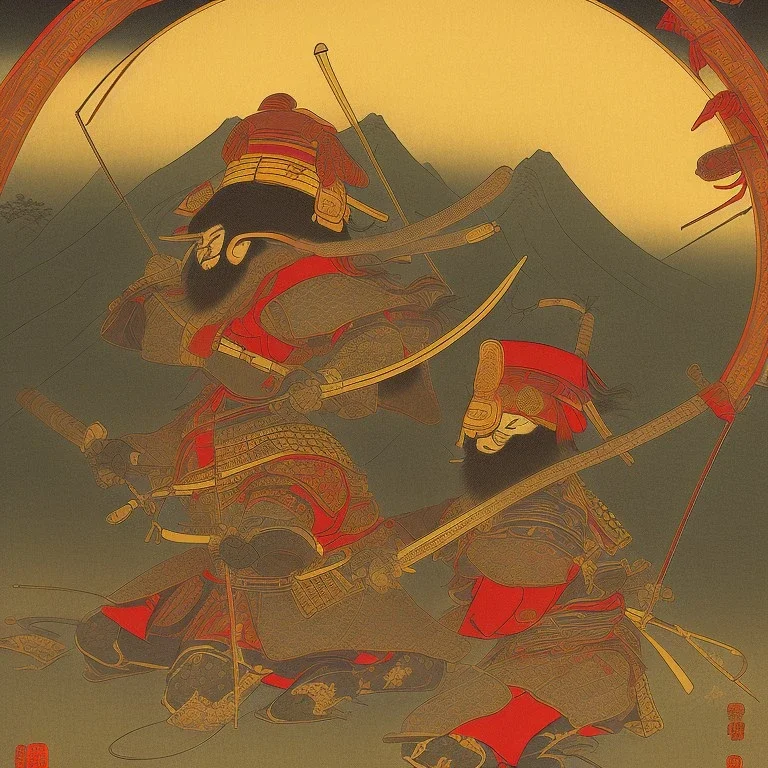 Samurai Japanese Ukiyo-e, sun in the background, walking in the mountains