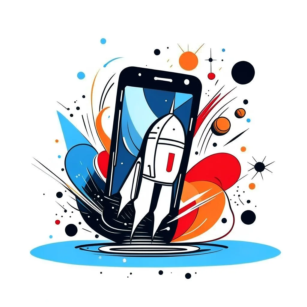 Image: A rocket launching from a smartphone, leaving a digital trail. Style: Retro Pop. Mood: Fun and Upgrading. Lighting: Energetic and dynamic. LOGO design graphic, vector, contour, white background