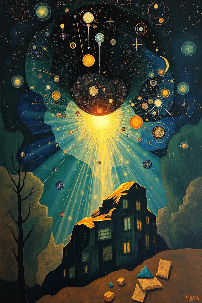 the light that's falling back into itself; Post-Modern Celestial Art with surreal elements; Gustav Klimt inspired painting.