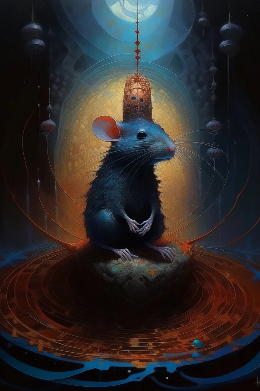 1970's dark fantasy cover dnd style oil painting of an holographic coronation of a rat in the mist with minimalist far perspective in an abstract pattern background.