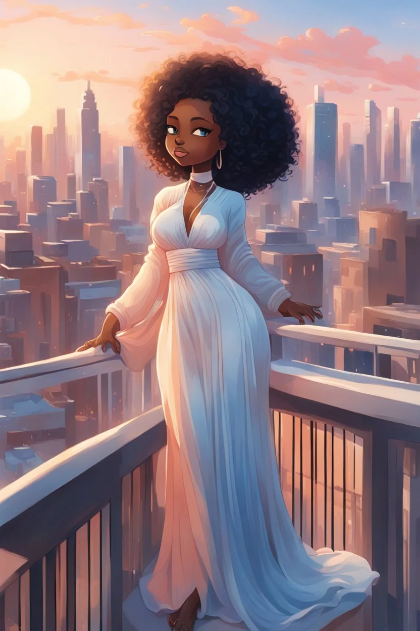 The scene opens onto a serene balcony overlooking a bustling city skyline. The sky above is painted in soft hues of blue and peach as the sun begins its descent, casting a warm glow over everything it touches. In the foreground stands a captivating figure, airbrush chibi cartoon curvy black woman exuding confidence and elegance. She is adorned in a flowing white knit maxi dress that hugs her curves in all the right places, accentuating her silhouette. Her choice of footwear is equally stunning