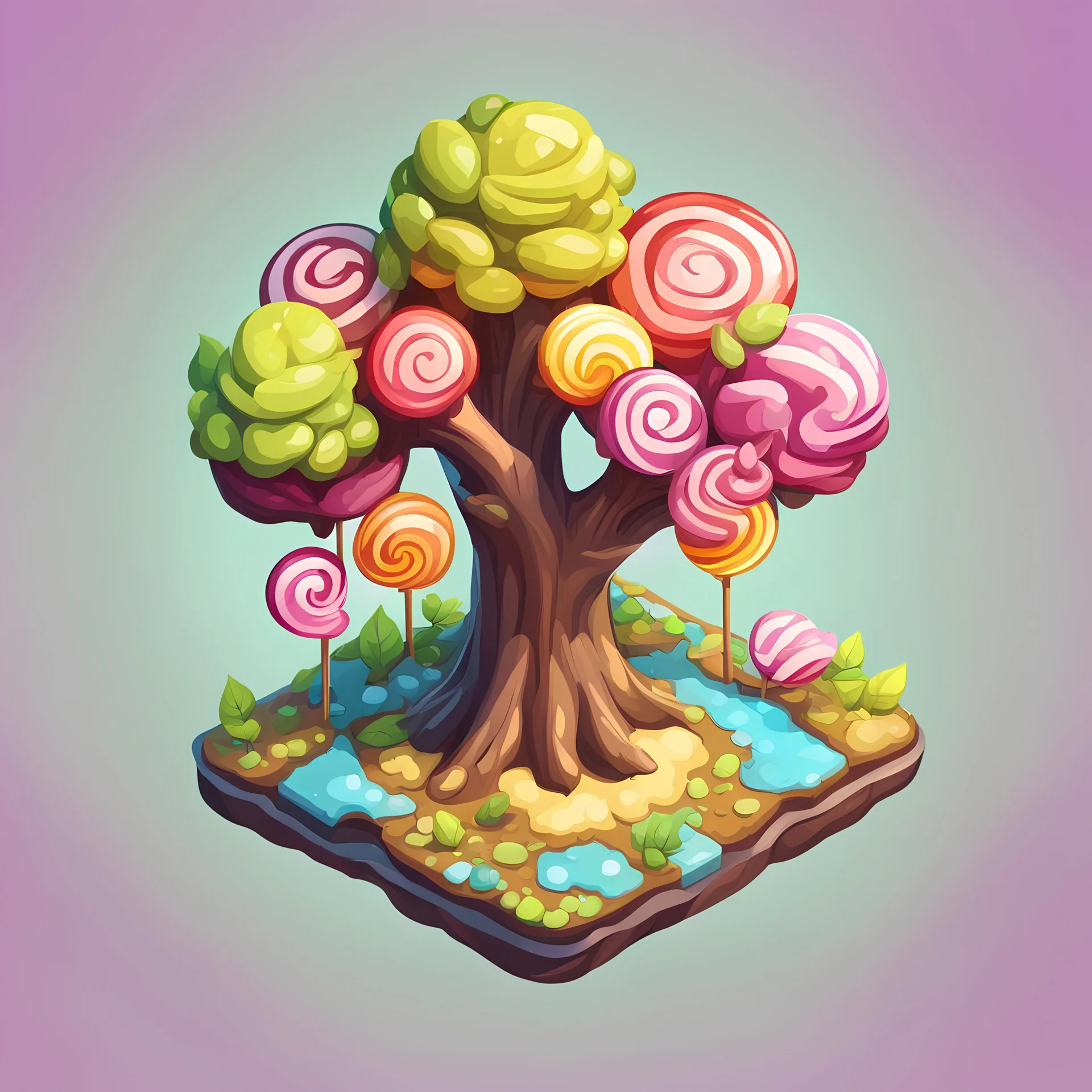 lollipop into cartoonist style tree model isometric top view for mobile game bright colors, color render hyper, lovely, surreal