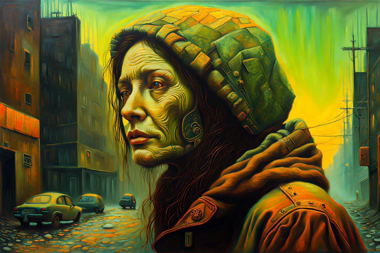 Oil painting of surreal homeless cyberpunk female wander with highly detailed facial features in the style of Zdzislaw Beksinski, light luminous colors and otherworldly dystopian aesthetic, decay and the grim struggle for life