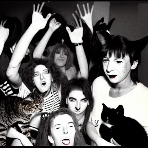 Old photo of 1990s rave with sooty and cats