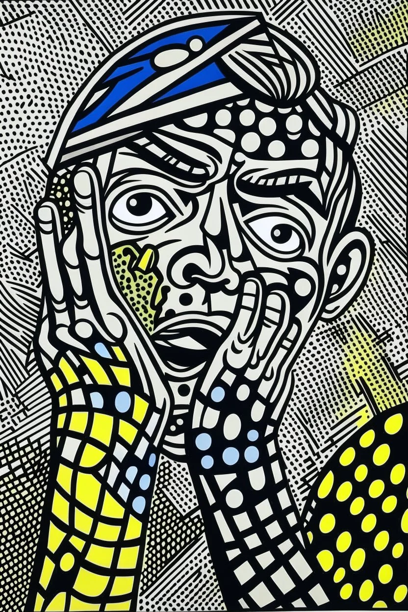 tribal man in grief with hands on face crazy shapes pencil draw style of roy lichtenstein