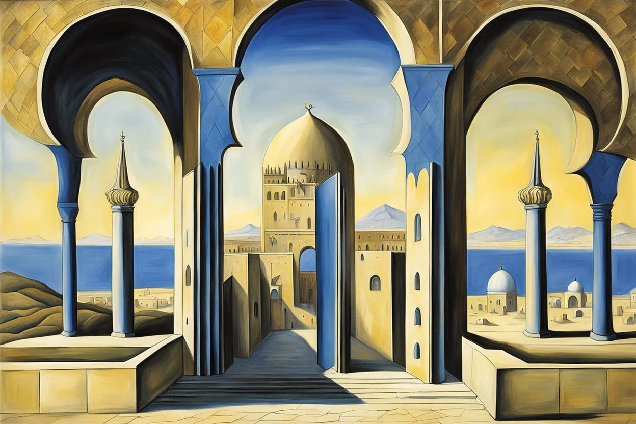 an open gothic_arab gate in a blue-tiled wall with a view of an old city by artist "de Chirico",by artist "Leonora Carrington"