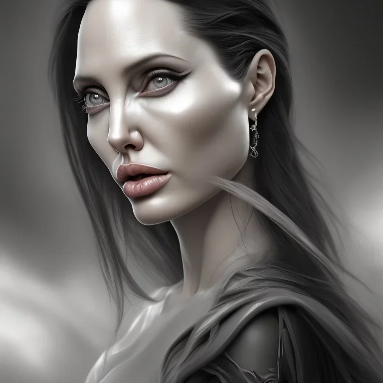 angelina jolie, long black hair, perception of mortality, loose morals, angry at society, disappointed by life, Unreal Engine 5, highly detailed, highest quality, digital painting, complex 3d render, unreal engine render, insane detail, intricate photograph quality, magnificent, majestic, highly intricate, Realistic photography, grand hall, wicked throne, holding scepter, crown of barbwire, dark color palette, metallic, highly detailed, highest quality, digital painting