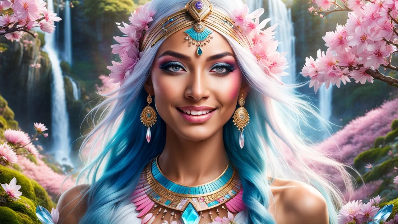 Photo realistic portrait of a gorgeous smiling skinny native indian goddess with a golden dark shining skin, long smooth clear turquoise blue and pink white hair, blue eyes, in a sci-fi outfit with luminous strikes blowing a kiss in a hill of flowers with sakura trees, a waterfall, a crystal palace, loads of mini flowers, moss, sun rays through the branches, particles in the air at spring. Intricated details,