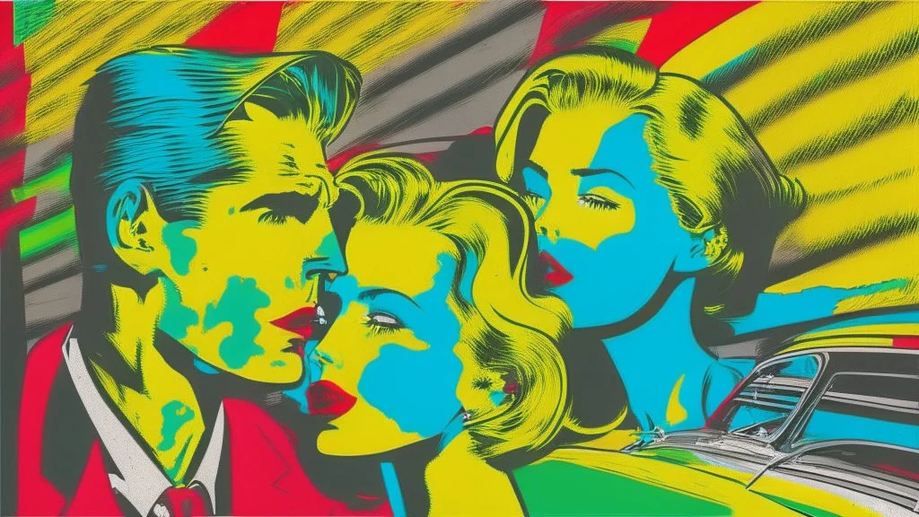 stalking a couple in love into a cadillac eldorado 1959 flammable,pop art, Andy Warhol, Roy Lichtenstein