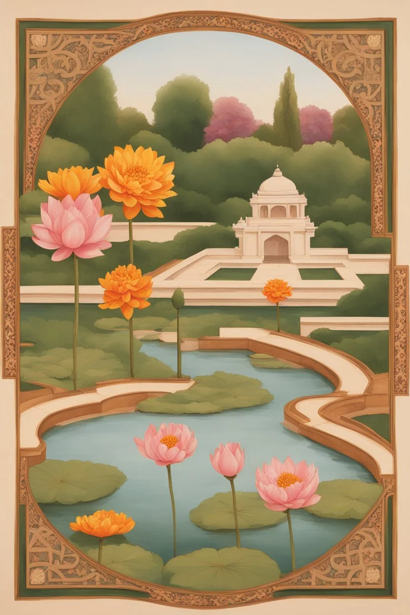 Channel the beauty of the Mughal Gardens with detailed hand-painted representations of traditional Indian flowers like lotus, marigold, and jasmine. Incorporate intricate geometric patterns and water features.